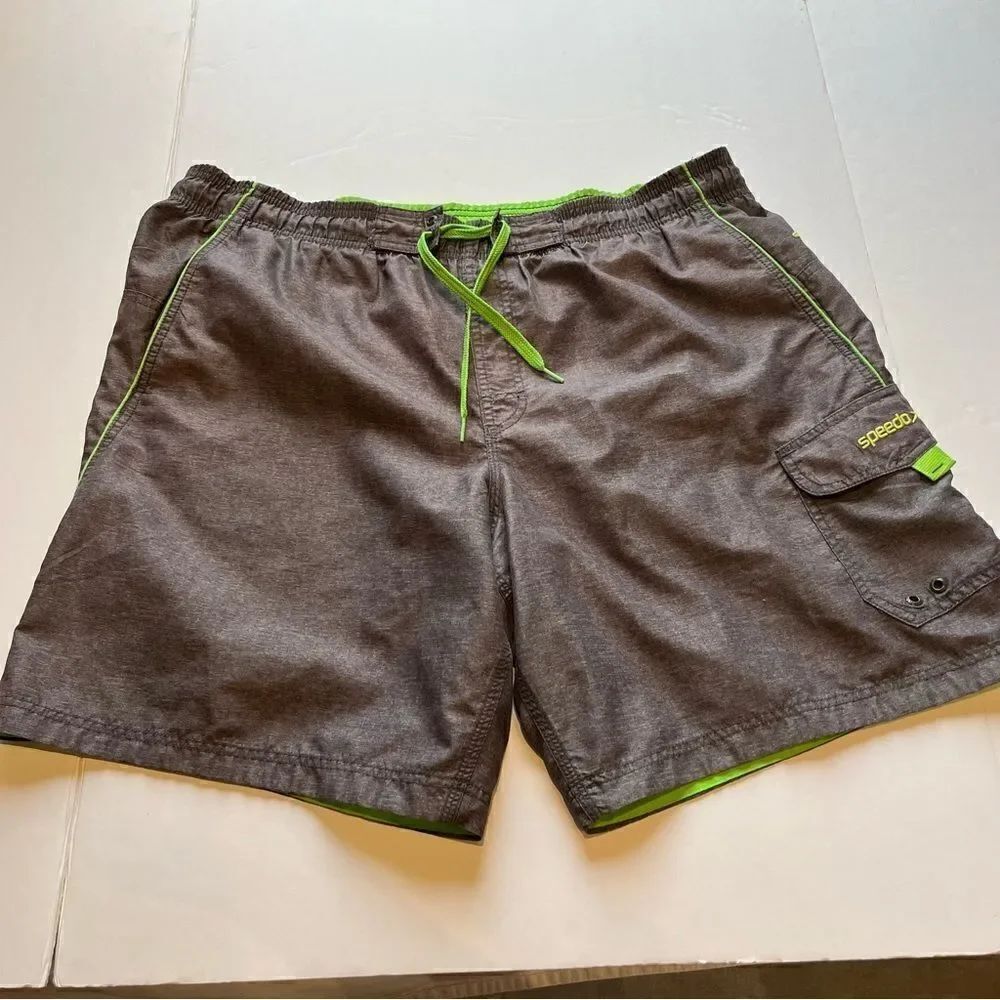 Speedo Men's Swim Trunks Mesh Lining Gray/Lime Green Size Large